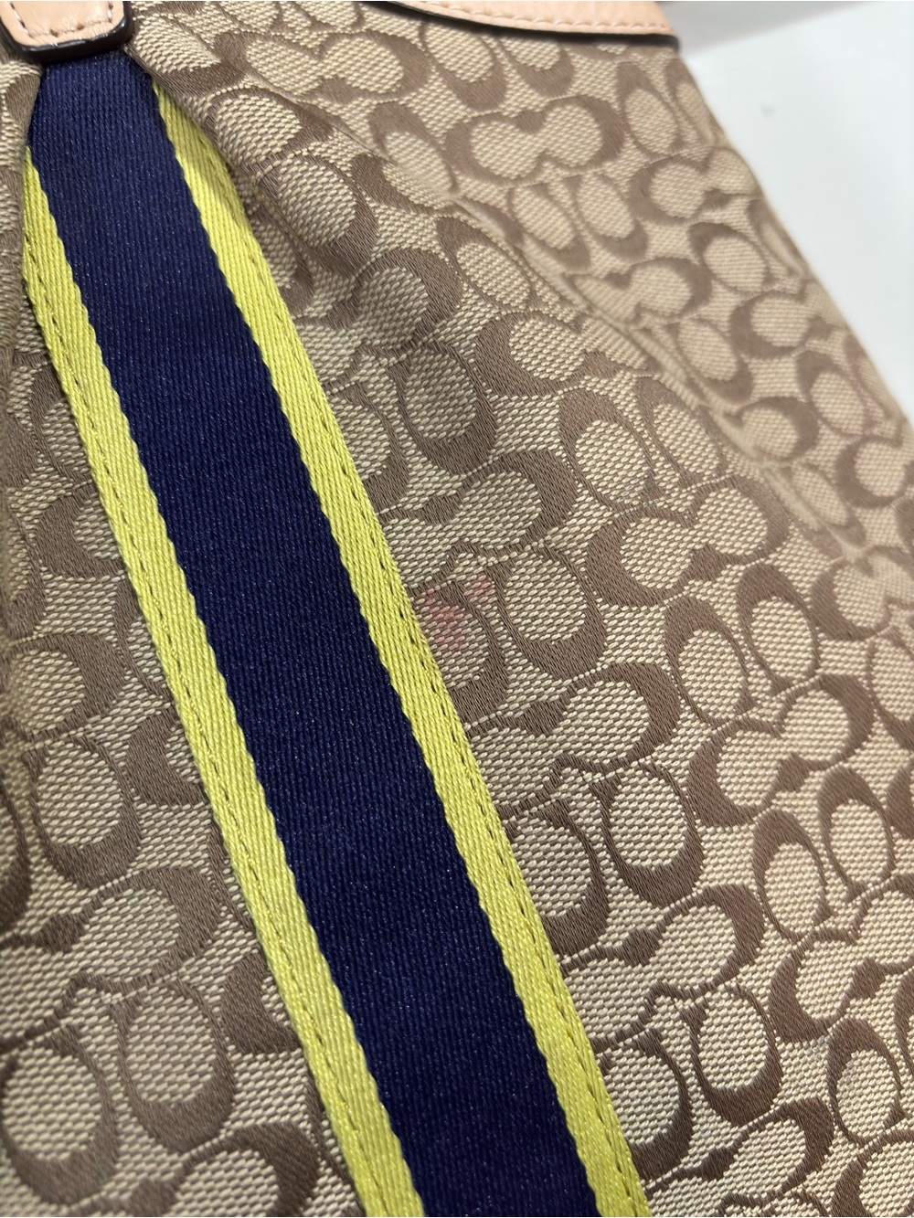 Coach Slouchy Brown Canvas Hobo Tote Purse Leather Trim Navy Yellow Stripes - Picture 11 of 16